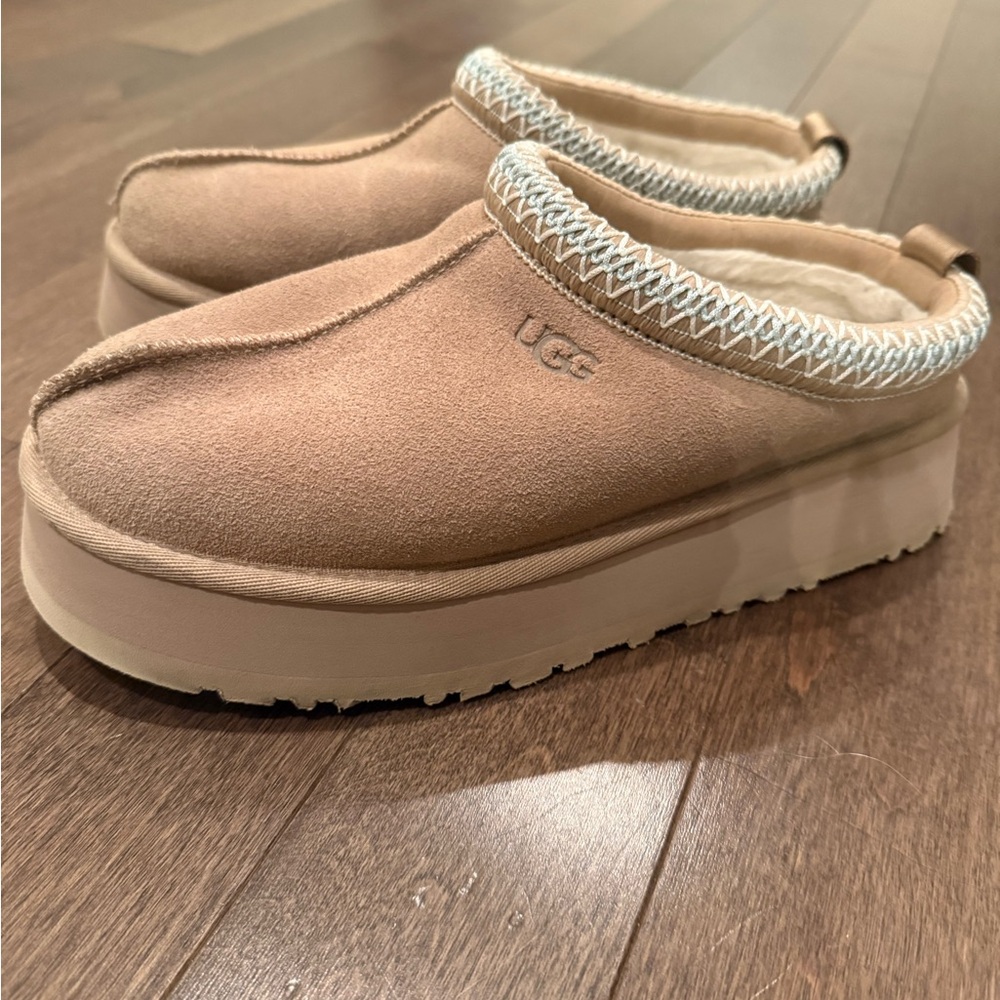 UGG TAZZ PLATFORM Sand/Blue Suede Cozy Slipper sz 9 - Picture 3 of 9